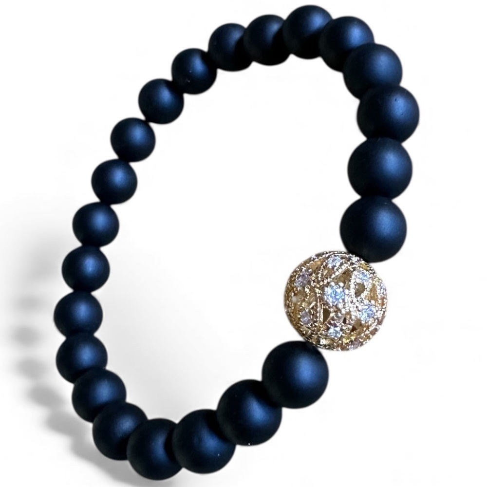 Matte 8mm Onyx Stretch Bracelet w/ Gold Pave Crystal Filigree Ball Spacer